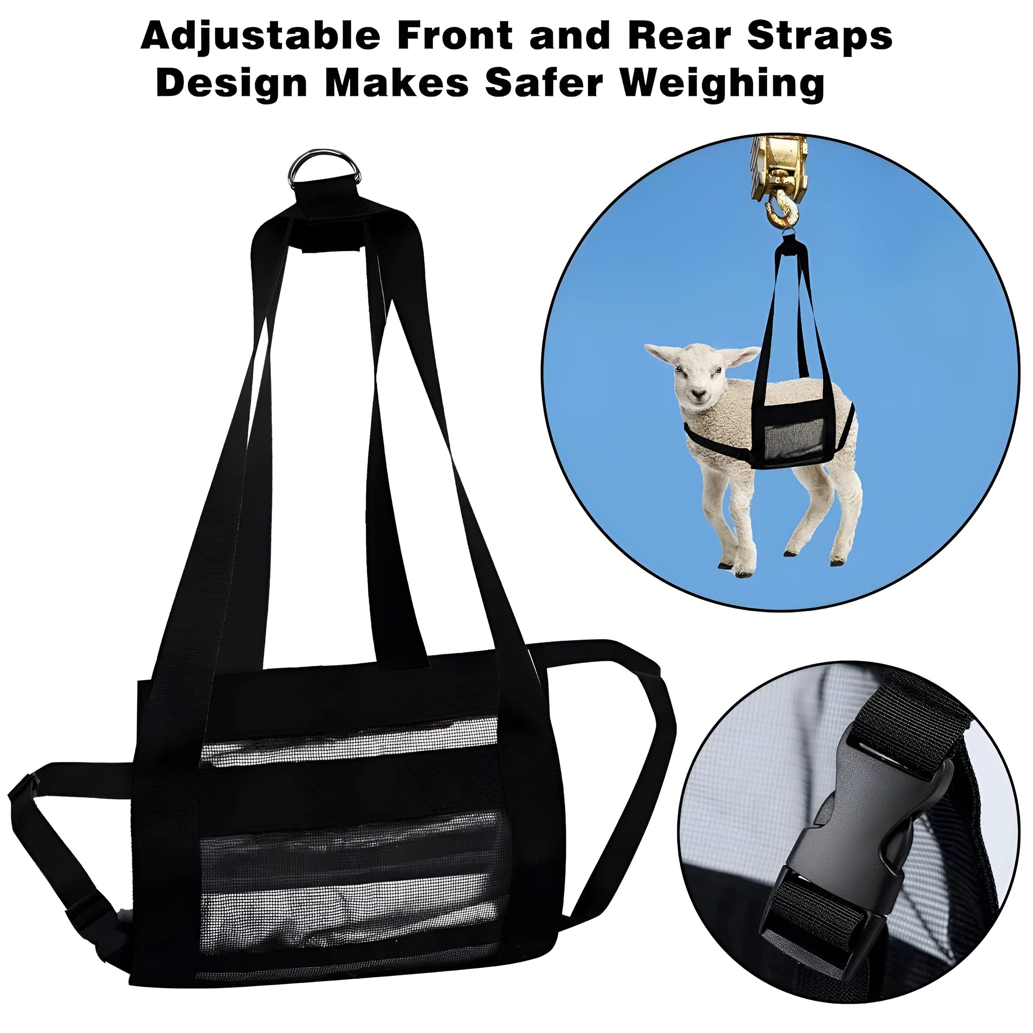 Black livestock weighing sling measuring 35 by 150 centimetres for calves and large dogs.