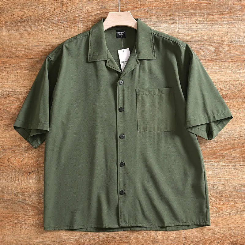 Men's lightweight pure cotton loose short sleeve shirt in solid colour