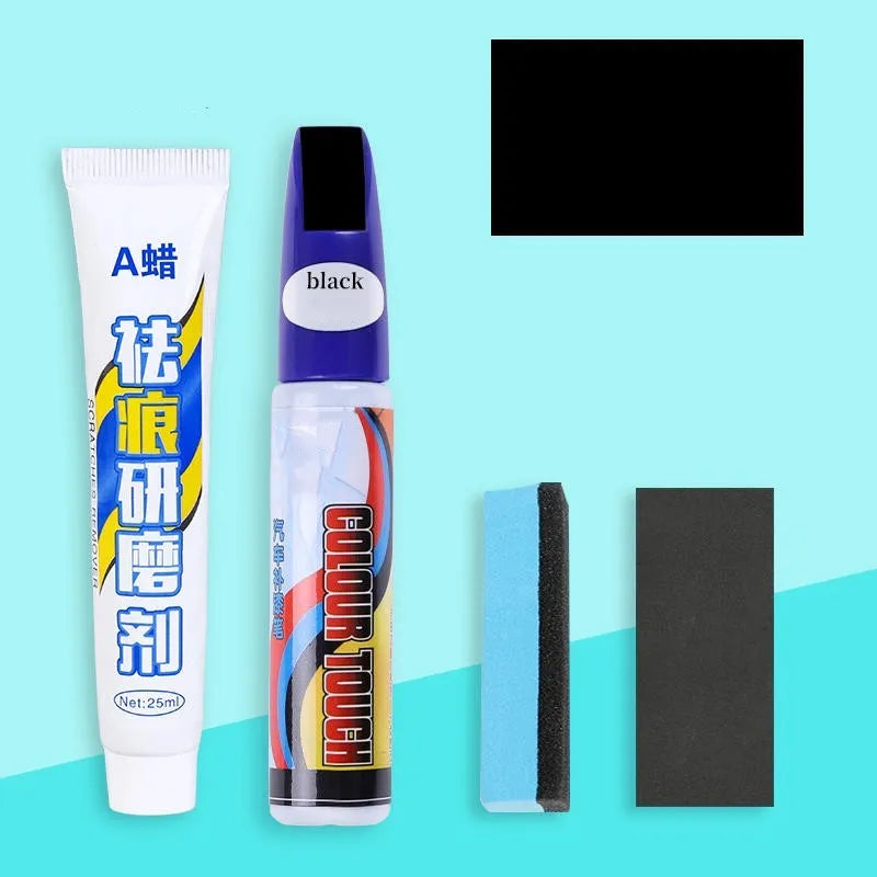 Automotive paint repair pen kit with touch-up paint, scratch wax, sponge and sandpaper