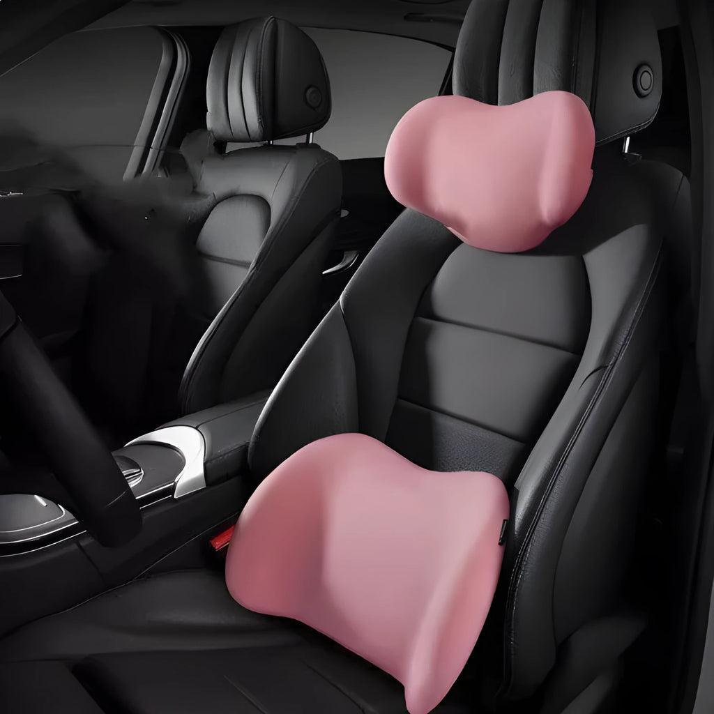 Black memory cotton car headrest cushion and lower back support cushion set on a car seat