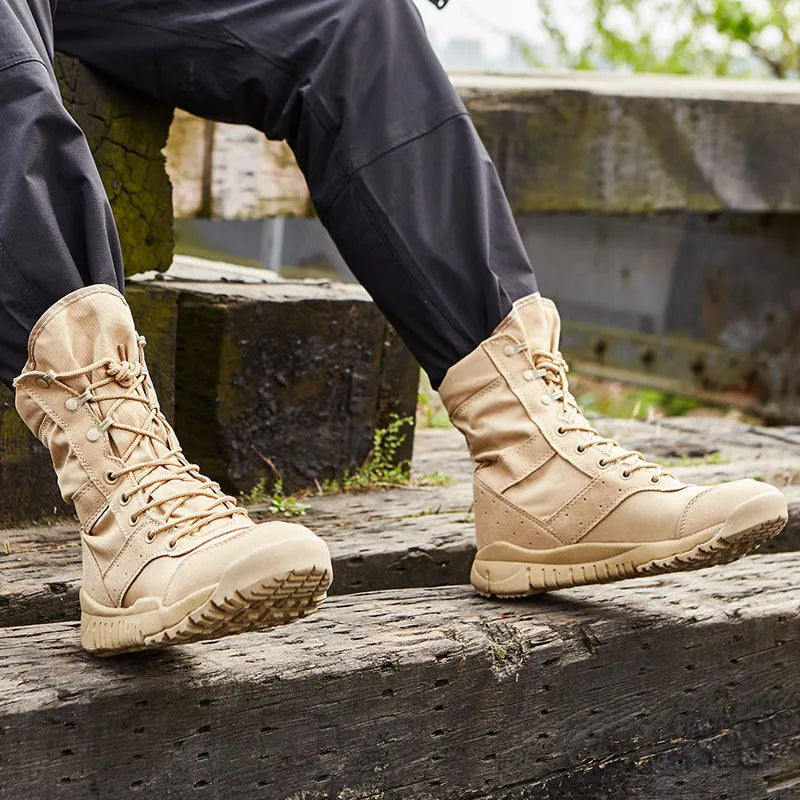 Yulong tactical desert combat climbing boots in black and sand colour options.