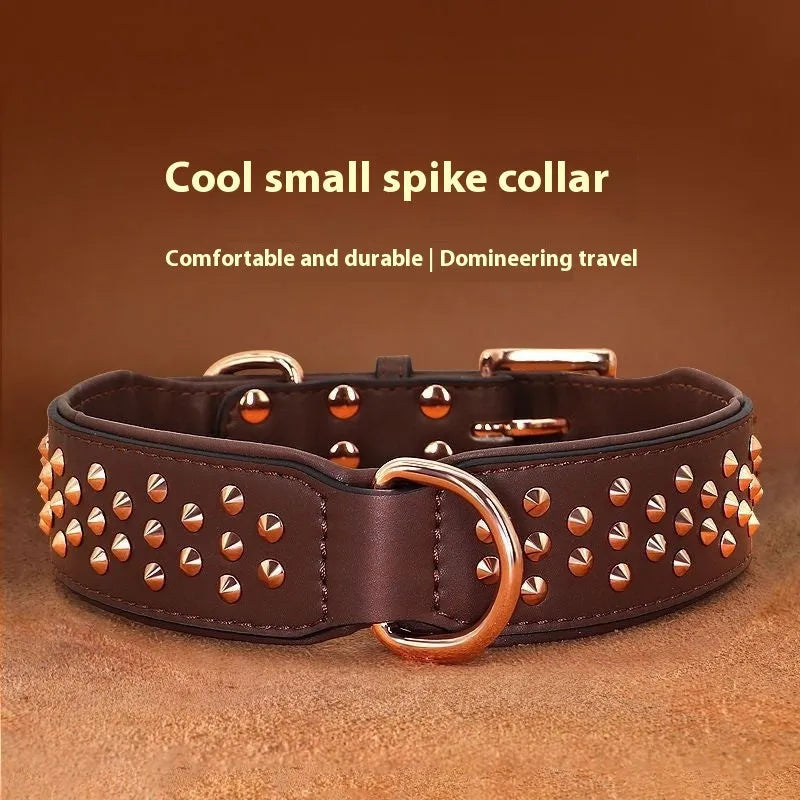 Leather dog collar with a line of stainless steel rivets, shown in black colour.
