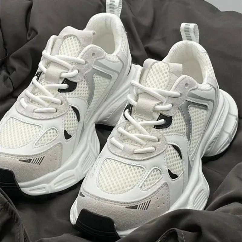 Beige mesh platform sports shoes with wedge heel and lace-up front closure