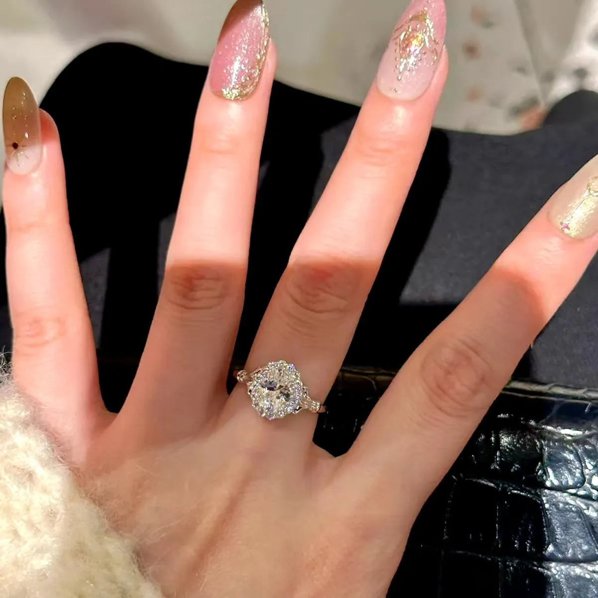Silver geometric bridal bouquet ring with adjustable opening and diamond sparkle
