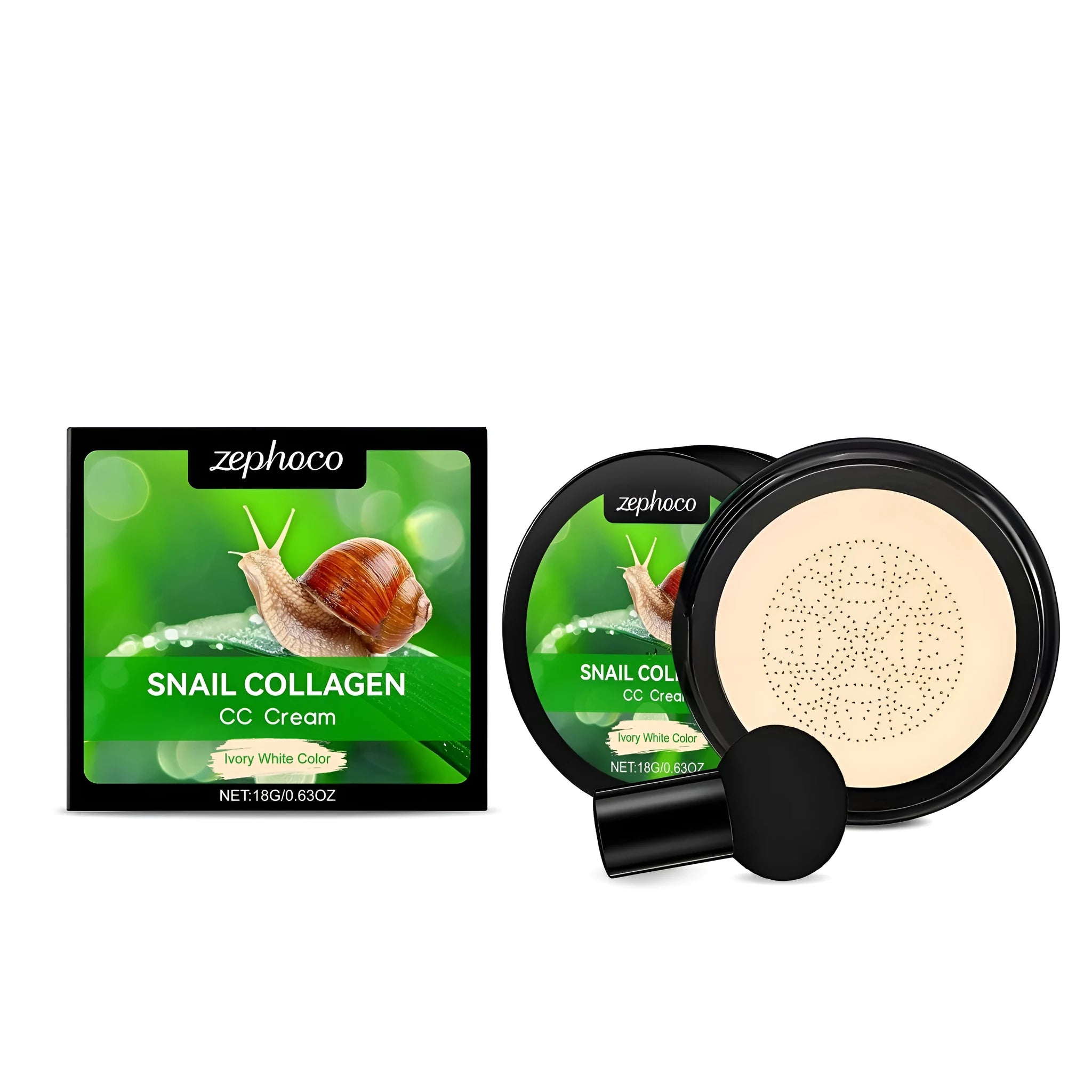 18g tube of ZEPHOCO CC cream foundation with snail filtrate and a mushroom powder puff