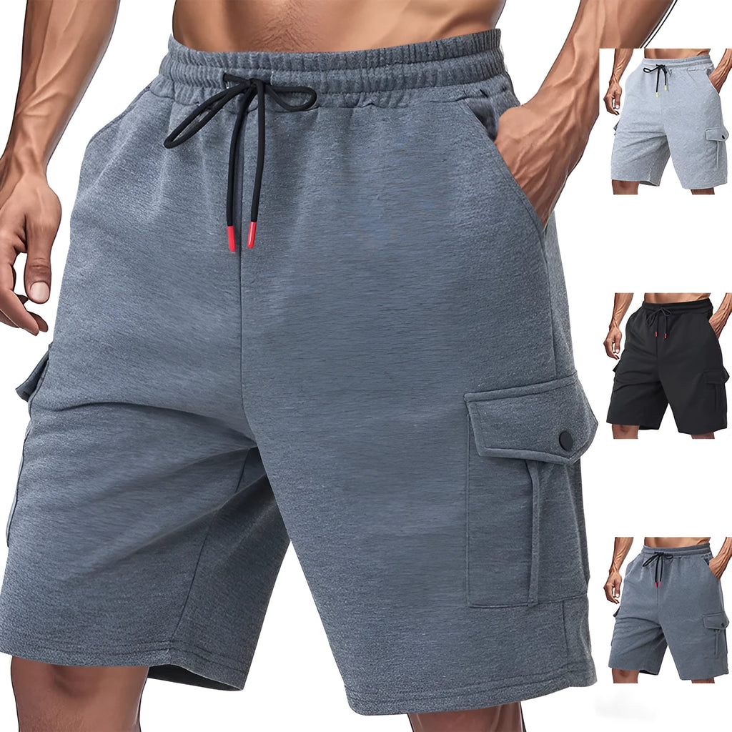 Men's heavy loose casual multi-pocket sports cargo shorts in towel terry fabric available in light grey, black, and dark grey
