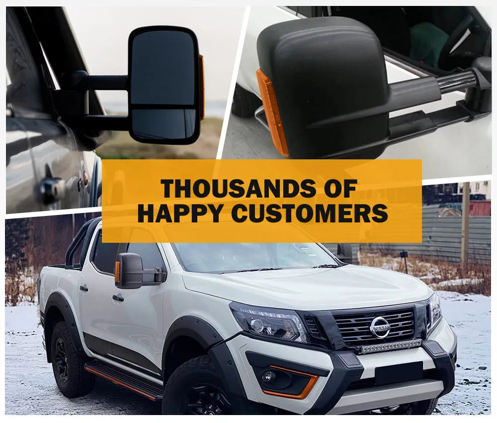 Black electric exterior wing mirror for Nissan NP300 Navara with large glass and integrated light.