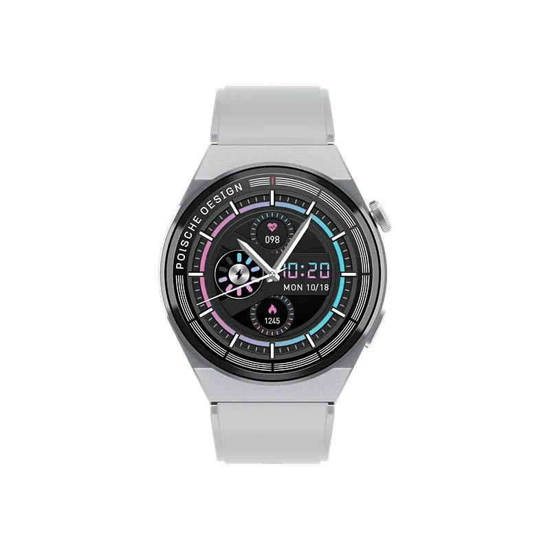 Smartwatch with circular screen on a leather strap, showing NFC payment and calling interface