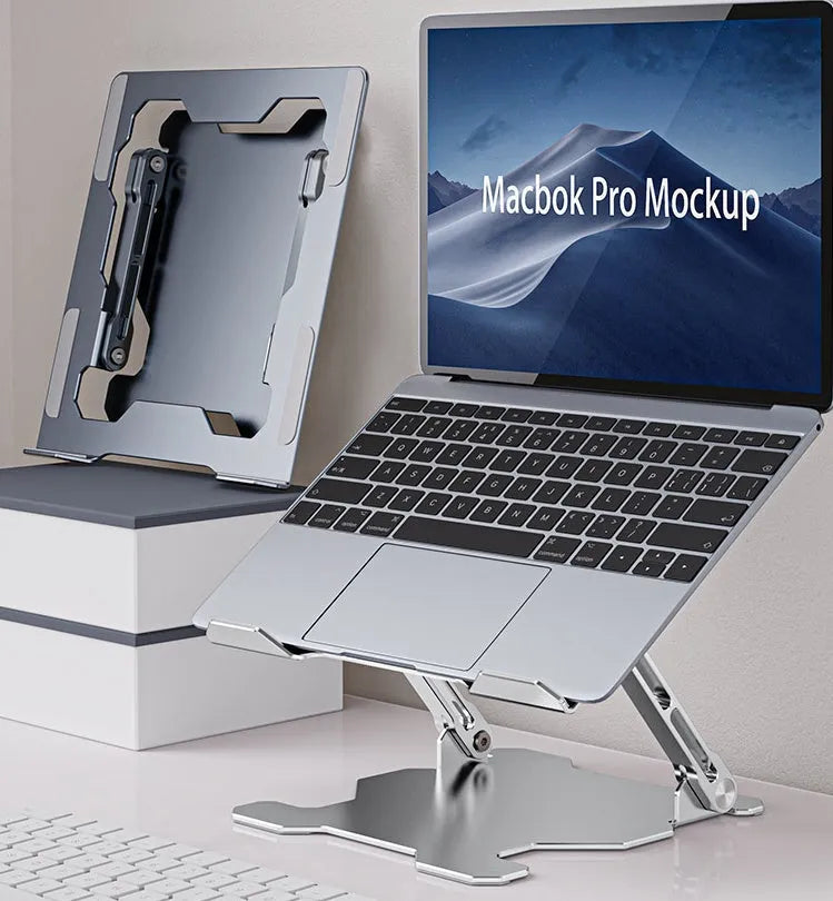 Adjustable aluminum laptop stand in grey colour showing folding design and hollow construction