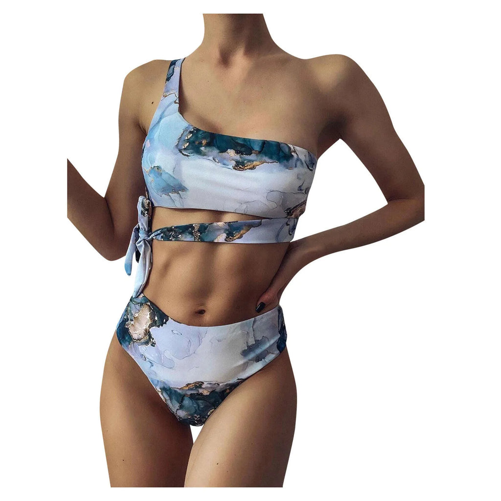 Women's marble tie-dye high-waist bikini set with U-neck top in multiple colour patterns