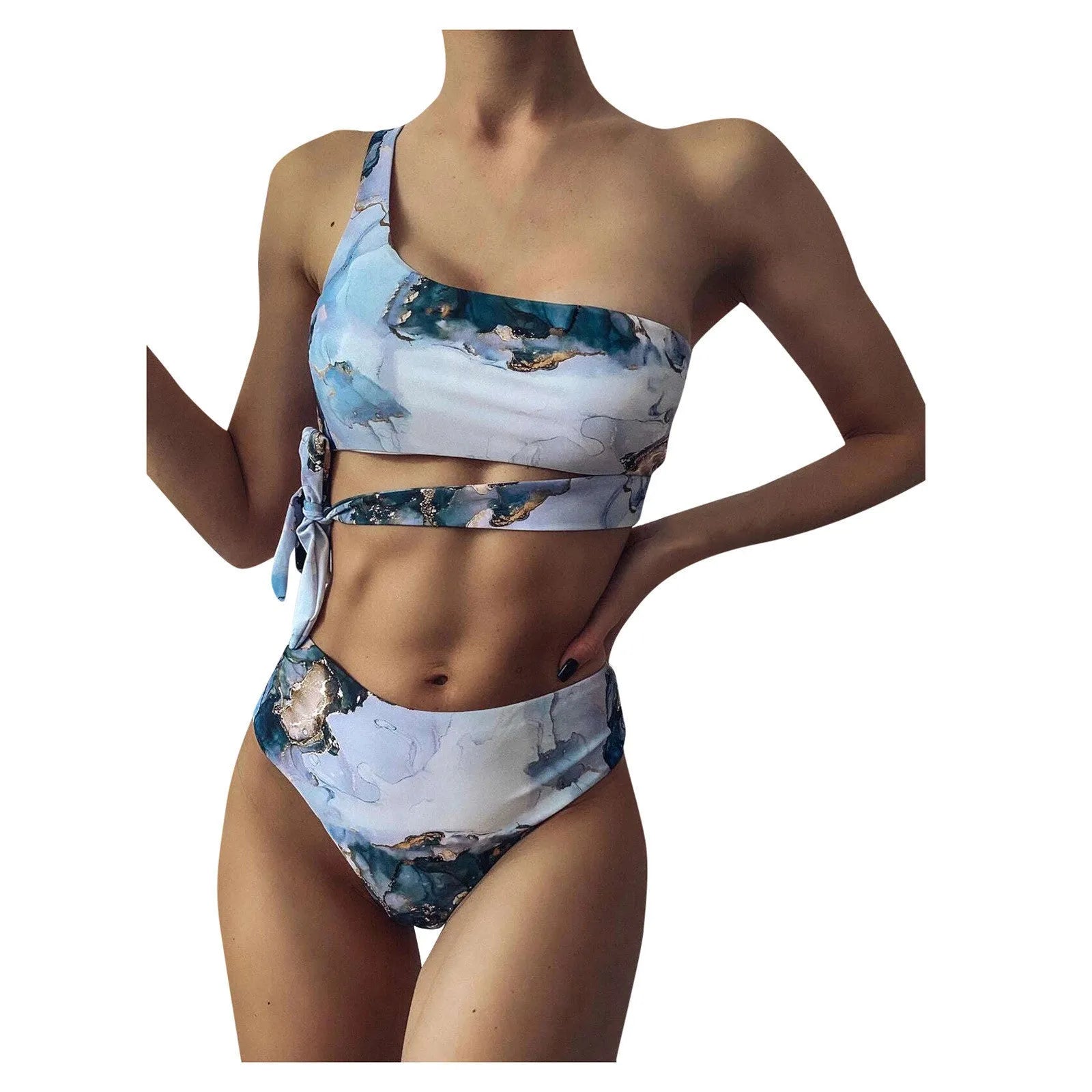 Women's marble tie-dye high-waist bikini set with U-neck top in multiple colour patterns