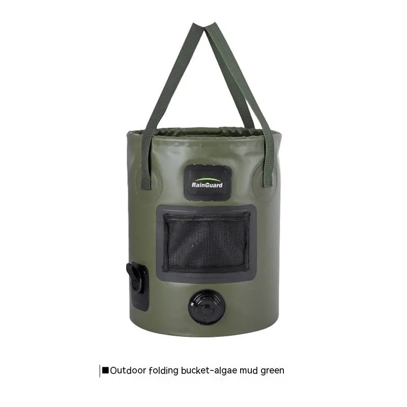 Plastic folding fishing bucket showing collapsible design and colour options with optional net pocket