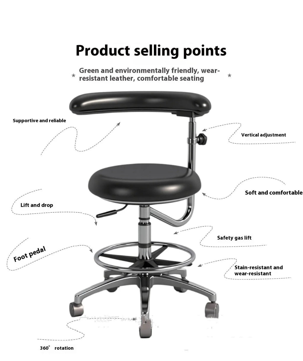 Black leather dental chair for clinic use as a dentist or nurse seat.
