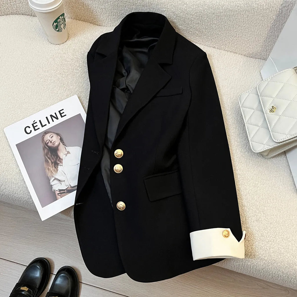 Beige Korean-style loose fit mid-length women's coat with long sleeves and pockets.