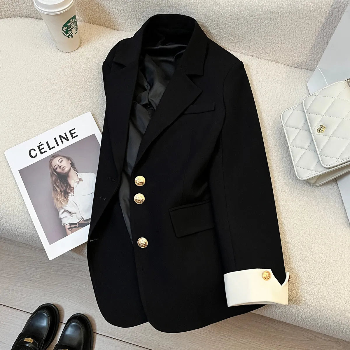 Beige Korean-style loose fit mid-length women's coat with long sleeves and pockets.