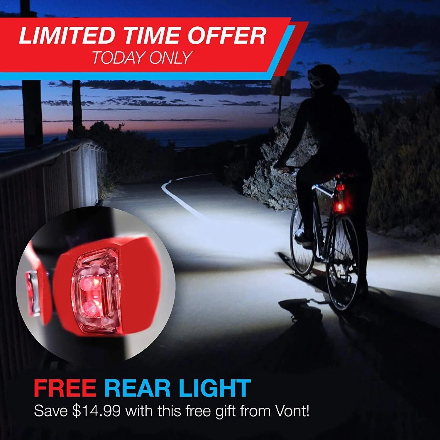 Bicycle headlight and taillight set with quick-release mounting bracket on a bike.