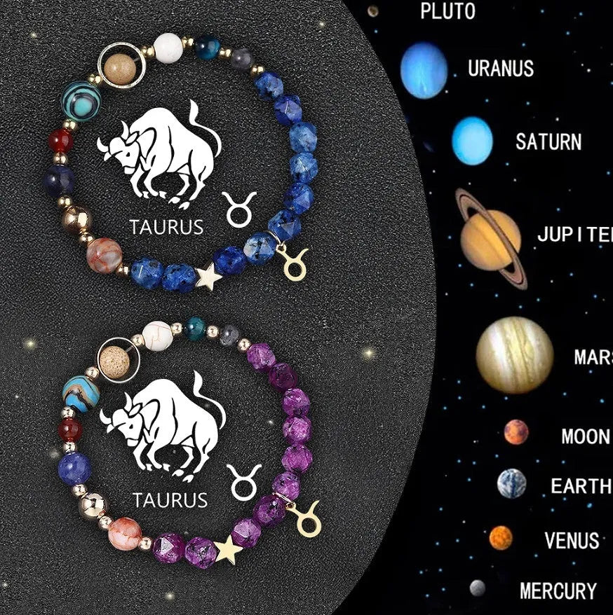 Set of twelve natural stone beaded bracelets, each representing a different zodiac sign with celestial charms.