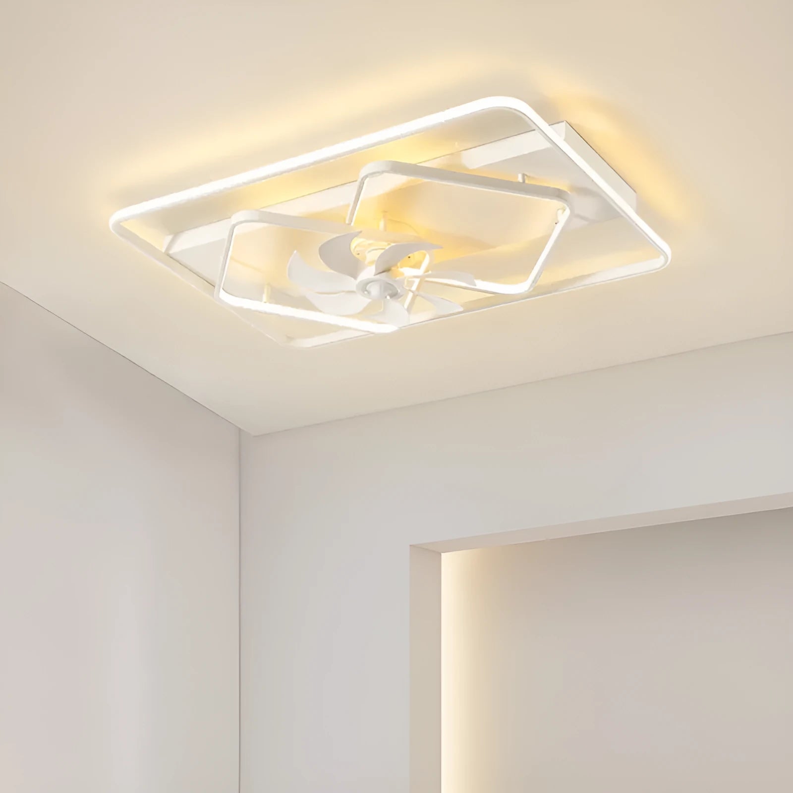 Thin suction ceiling fan lamp with light fixture measuring 1100x700mm with plastic blades and acrylic shade