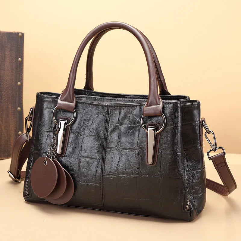 Large horizontal square PU leather bag in vintage brown with internal organisation compartments