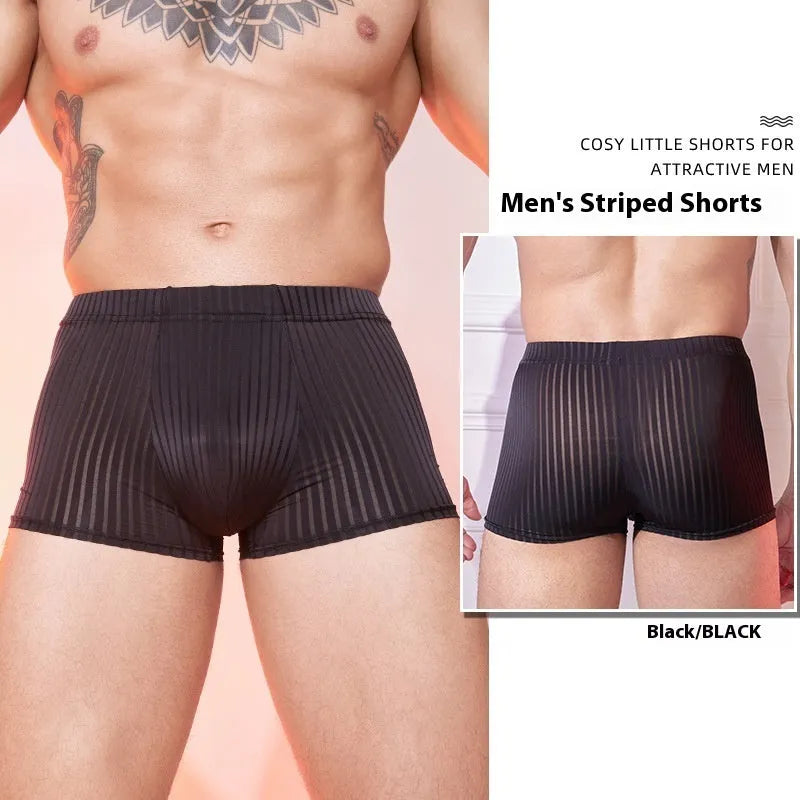 Men's striped underwear in thin transparent nylon fabric showing black, white, and dark grey colour options
