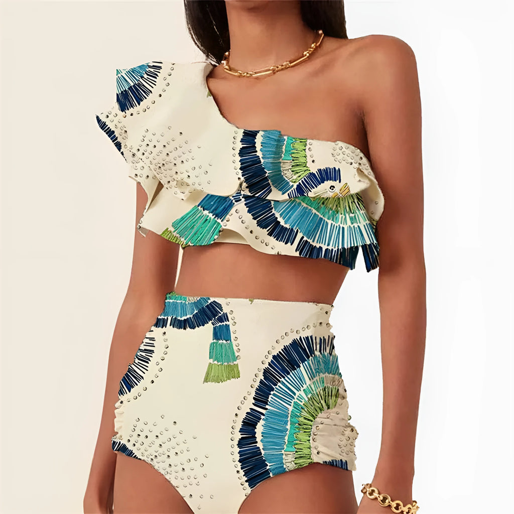 White women's one-shoulder bikini swimsuit with lotus leaf detail and split design