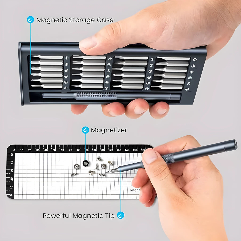 25-in-one precision screwdriver set with knurled handle and magnetic tip for household repairs.