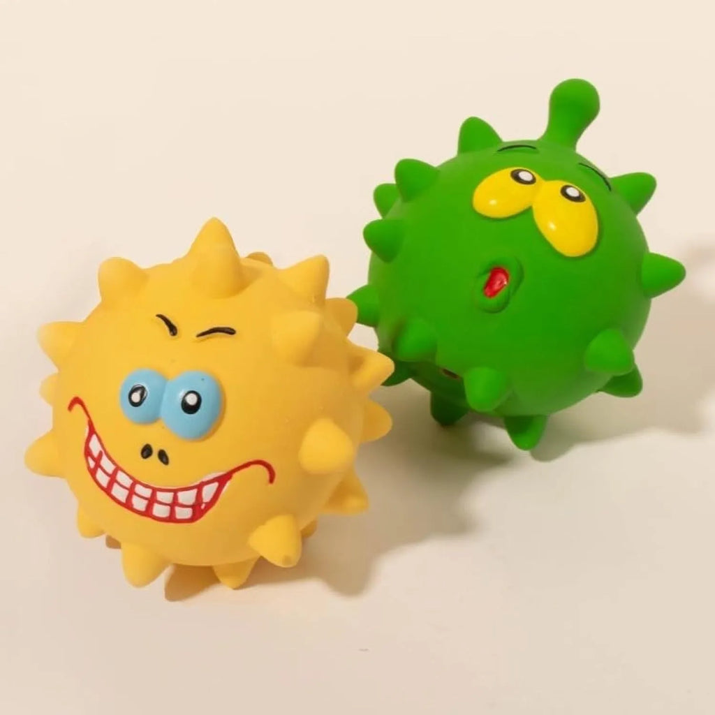 Four colourful squeaky dog toys with cute faces made from natural latex rubber