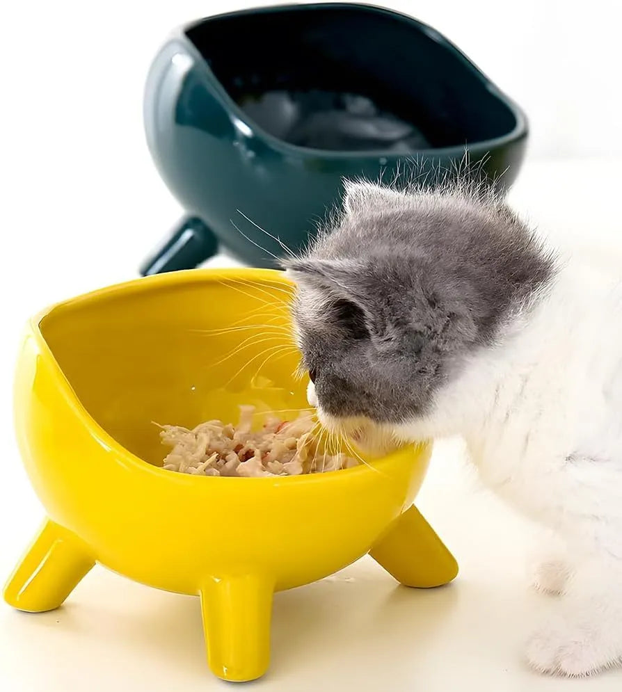 Green four-legged ceramic cat food bowl with elevated base and wide mouth design