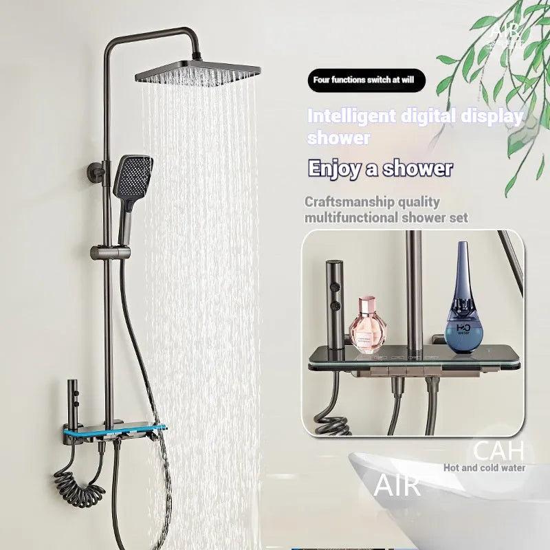Aluminium digital display shower head set with concealed mounting in white or grey finish