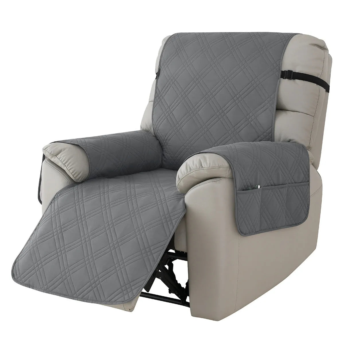 Quilted three-line sofa cover for a Chivas massage chair in peacock blue, showing stretch fit and textured pattern.