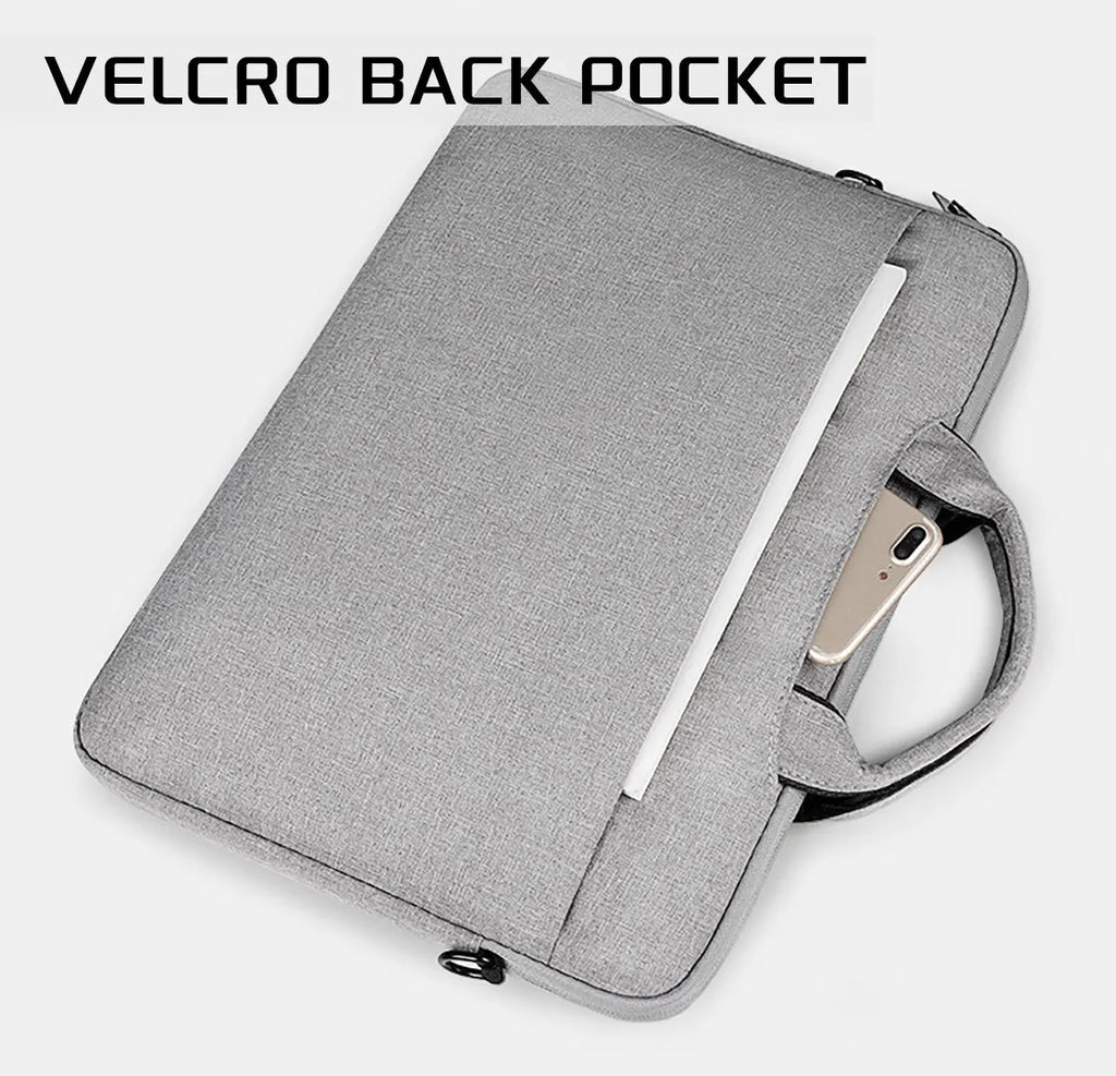 Water-repellent laptop carrying case in Black, with luggage strap and shoulder strap, for 13.3 to 15.6 inch laptops.
