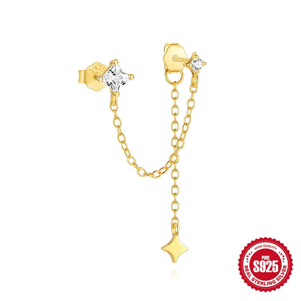 S925 sterling silver zircon stud earrings in golden geometric designs including clover, crown and chain styles
