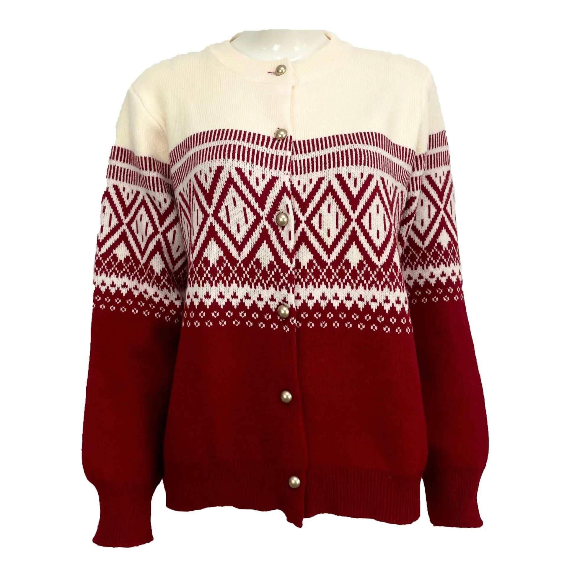 Women's red alpaca wool cardigan with grey diamond knit pattern and long sleeves