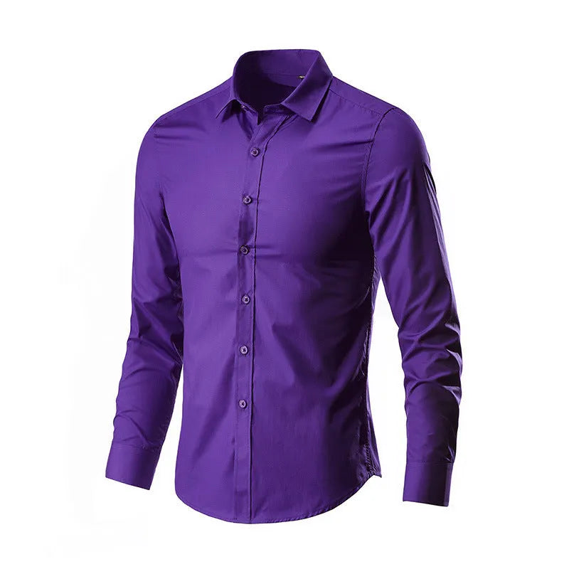 Men's loose fit long-sleeve linen shirt shown in multiple colours including black, white, and navy blue.