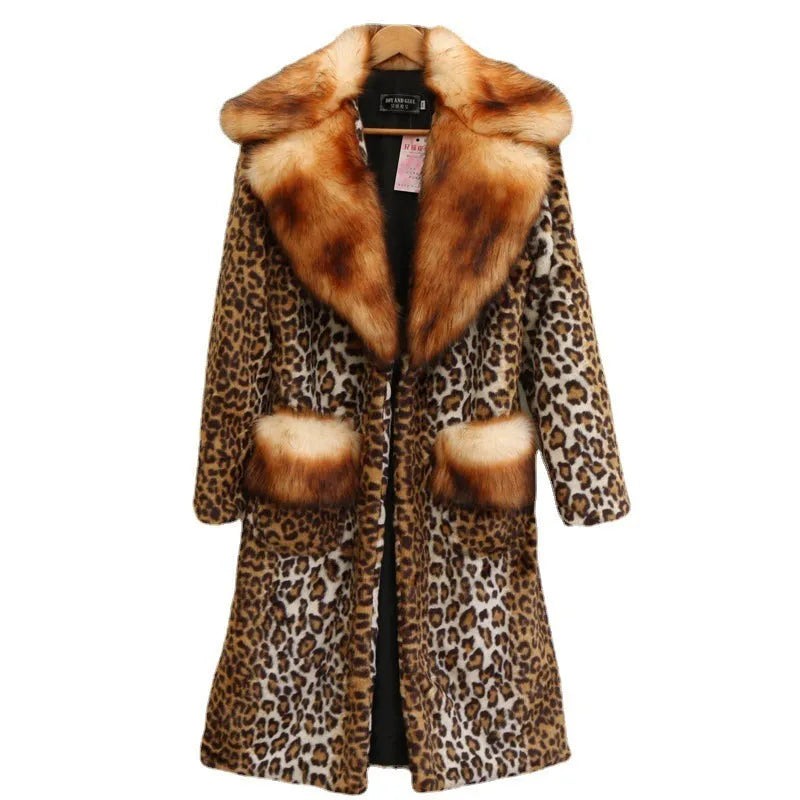 Women's leopard print artificial fur jacket showing 80cm length and regular sleeve design