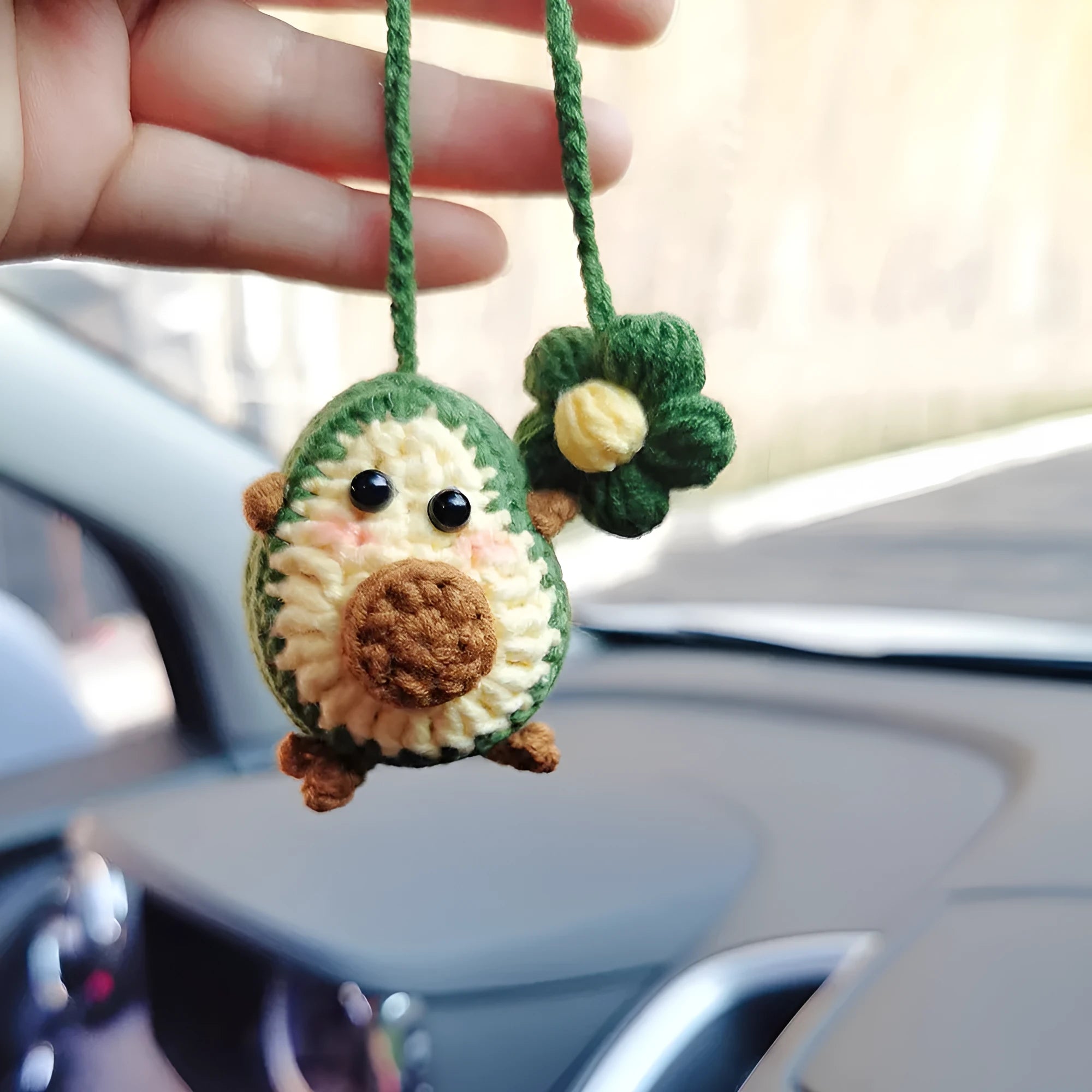 Handmade crocheted avocado with rainbow flower car pendant hanger in wool yarn