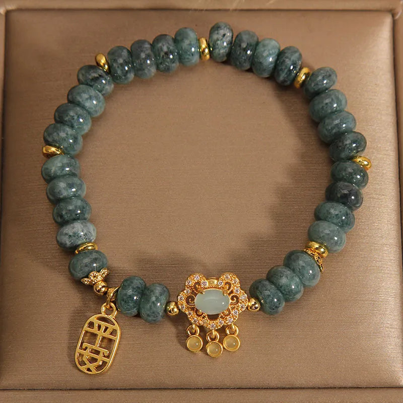 Women's natural green emerald jade abacus bead bracelet with metal alloy safety lock clasp