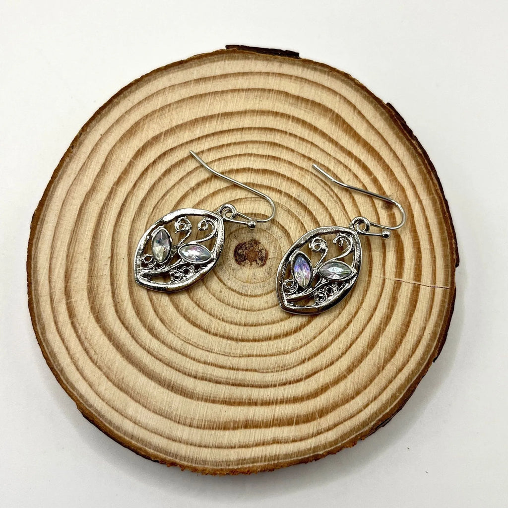 Women's silver alloy earrings with leaf design and embedded colourful moonstone gemstones