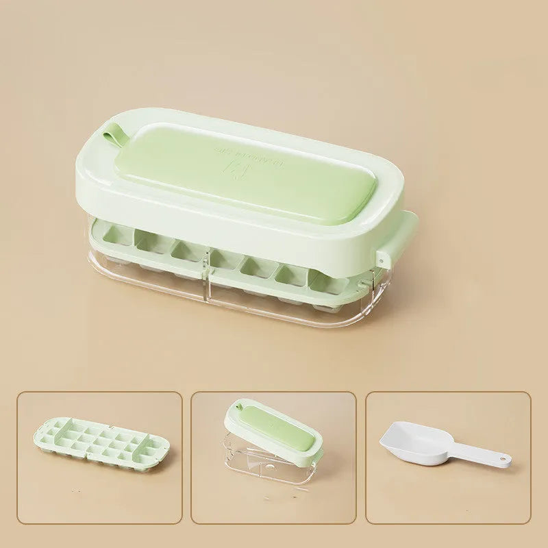 Colourful ice cube tray with grid design and integrated ice shovel storage compartment