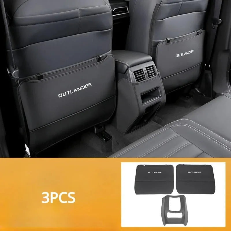 Three black leather anti-kick protection pads for Mitsubishi Outlander seat armrests and centre console