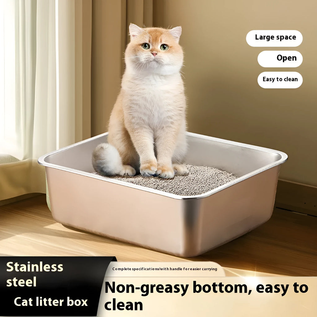 Large anti-wear stainless steel cat litter box, 60x40x20 cm, with smooth metal finish