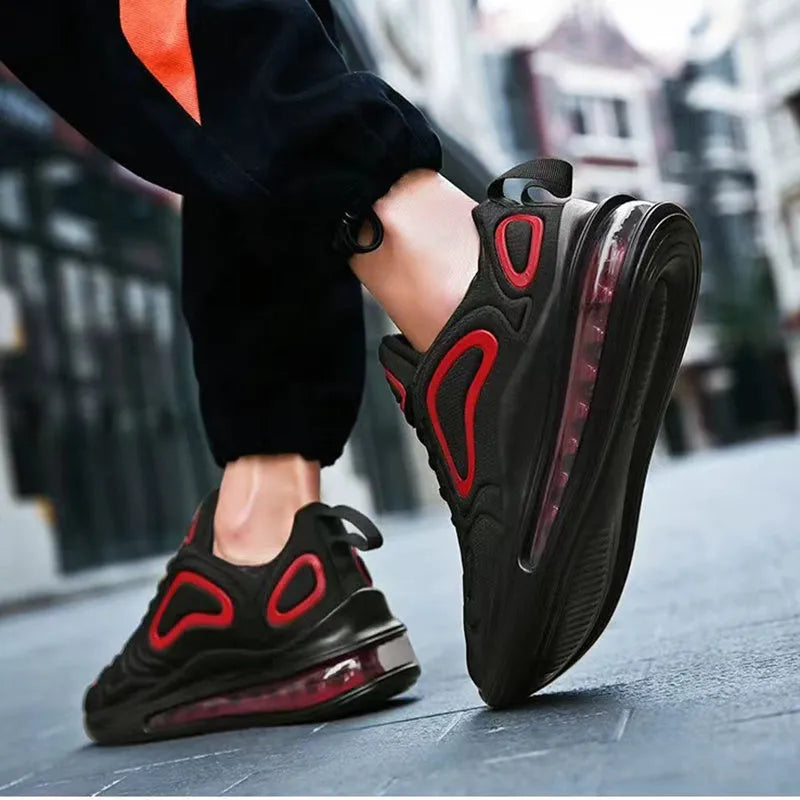 Men's black air cushion sneakers with artificial PU upper, plastic sole, and lace-up design for outdoor running