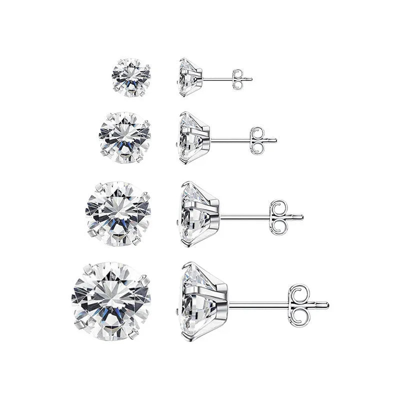 Titanium steel zircon stud earrings in round and square designs with 2mm to 8mm size options