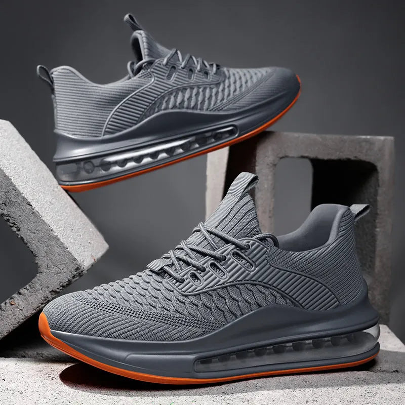 Men's black mesh running shoes with platform sole and round toe design on white background
