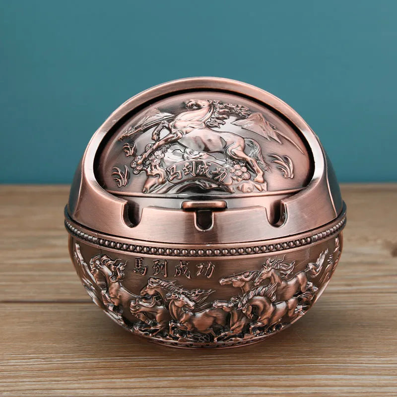 Alloy ashtray with smoke extinguishing slot in bronze finish featuring decorative dragon and phoenix design