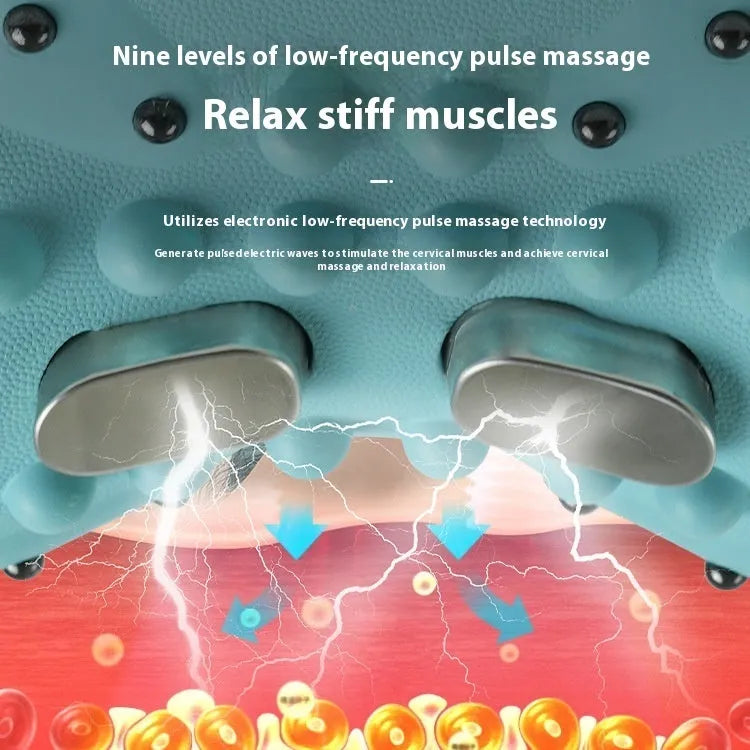 Blue green EMS neck and shoulder massage pillow with hot compress function measuring 17x10x12cm