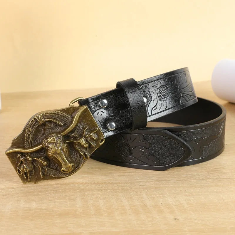Men's black imitation leather belt with a detailed silver alloy cow head buckle and pin buckle fastening.