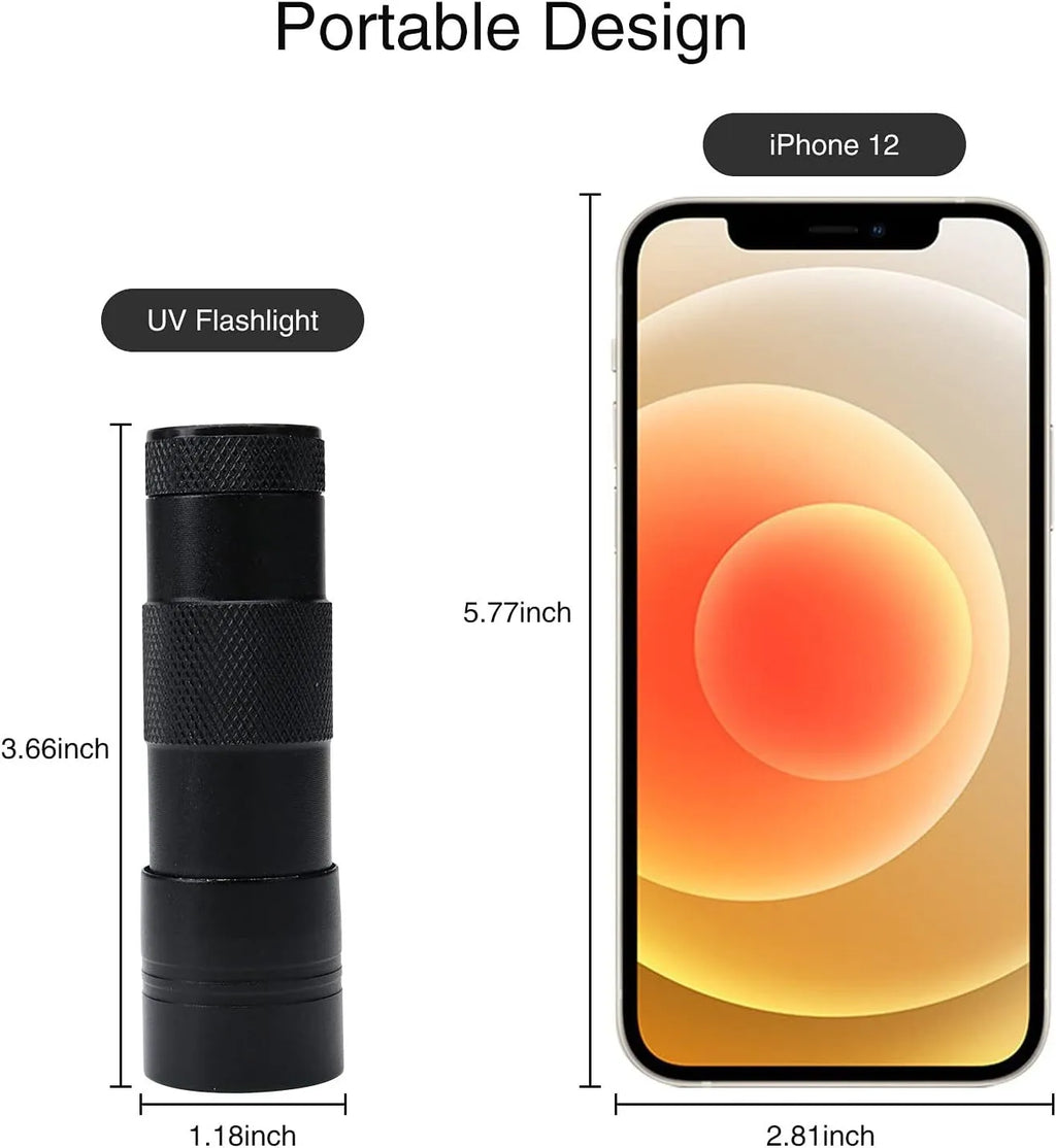 Black aluminium UV flashlight torch for detecting pet urine stains and insects on a dark surface.