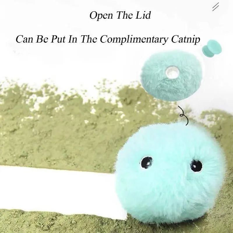 Interactive cat toy ball in blue, pink, and yellow colours with 55mm diameter for animal sound stimulation