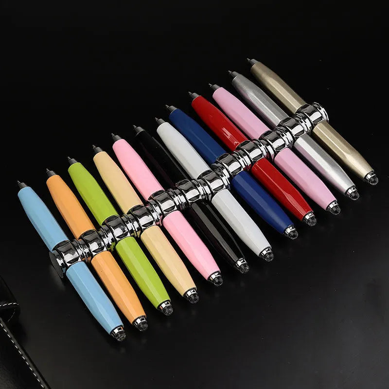 Metal gyro ballpoint pen with LED decompression spinner showing 10.5cm length and 12 ink colour options
